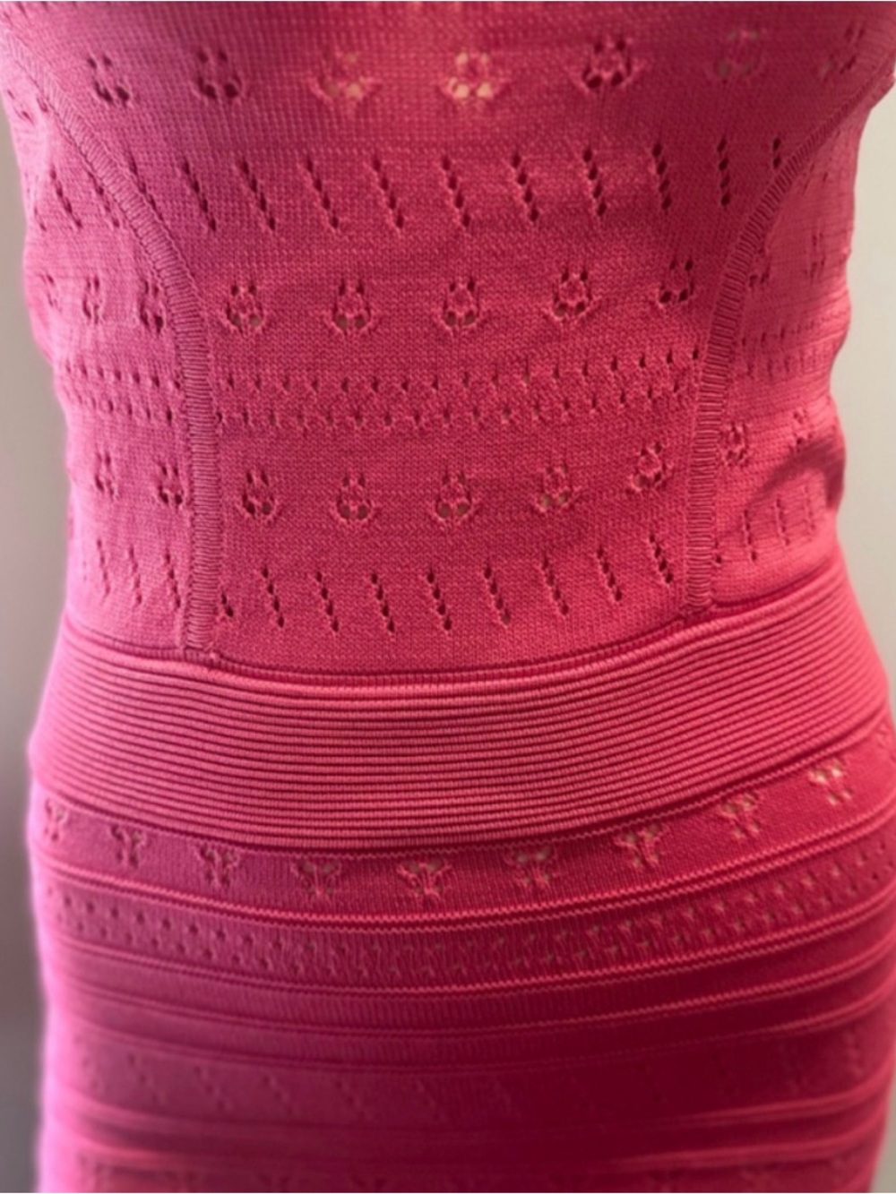 French Connection Pink Pointelle Knit Bodycon Midi Dress | US 6 - Picture 5 of 12